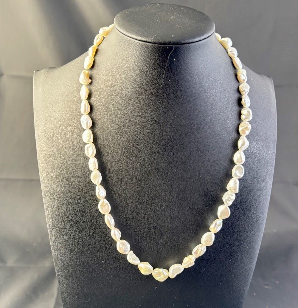 925 Clasp White Baroque Rice Pearl Beaded Necklace. 20.5” 6 MM